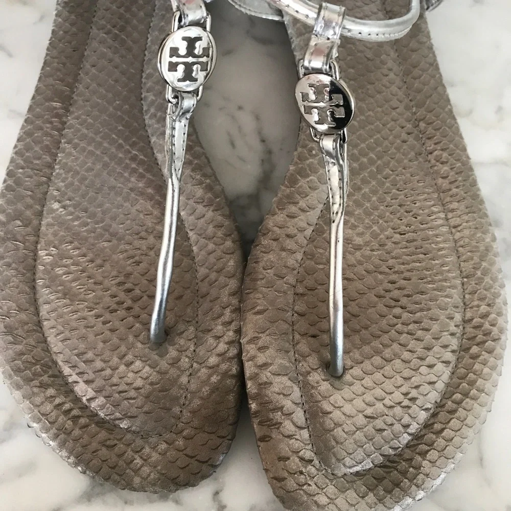 TORY BURCH Snakeskin Silver T-Strap Emmy Sandal